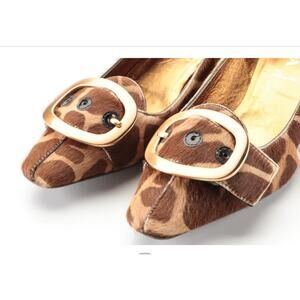 Prada Giraffe Print Calf Hair Buckle Pumps Gold Heel 35.5/5 Luxury Animal Print